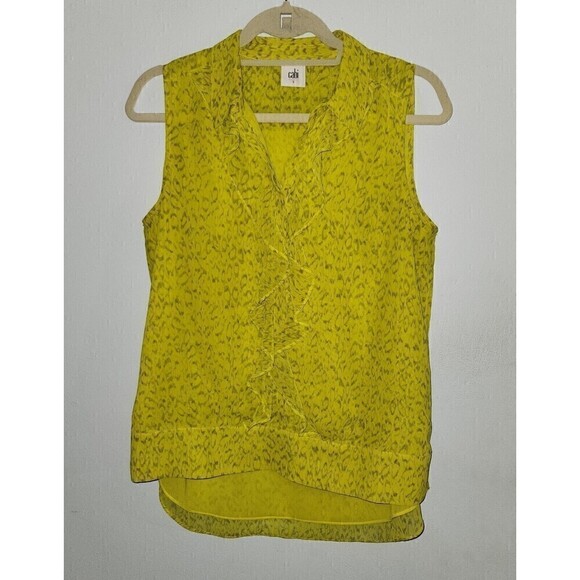 CABI Style# 3071 REIGN RUFFLE Tank Sz S  Yellow Green Tank Top Shirt Button - Picture 1 of 4